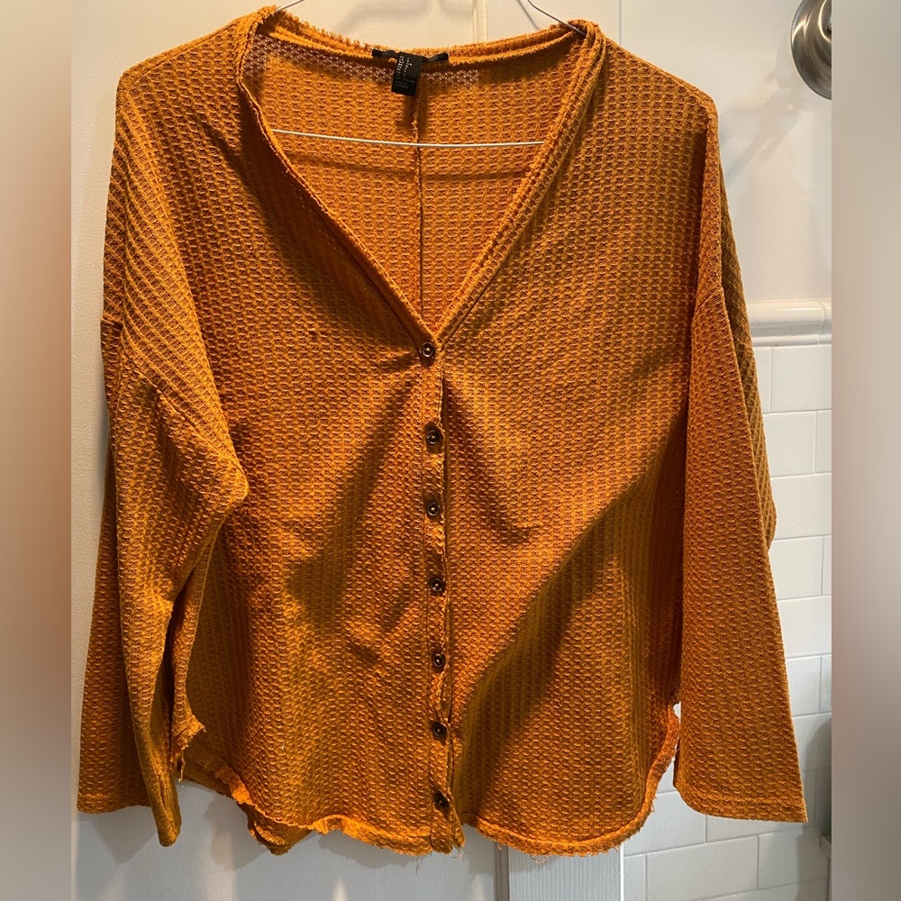 Forever 21- Button Front V-Neck Knit Top, Mustard, Size L